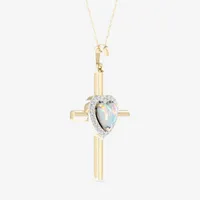 Womens Diamond Accent Genuine White Opal 10K Gold Cross Pendant Necklace