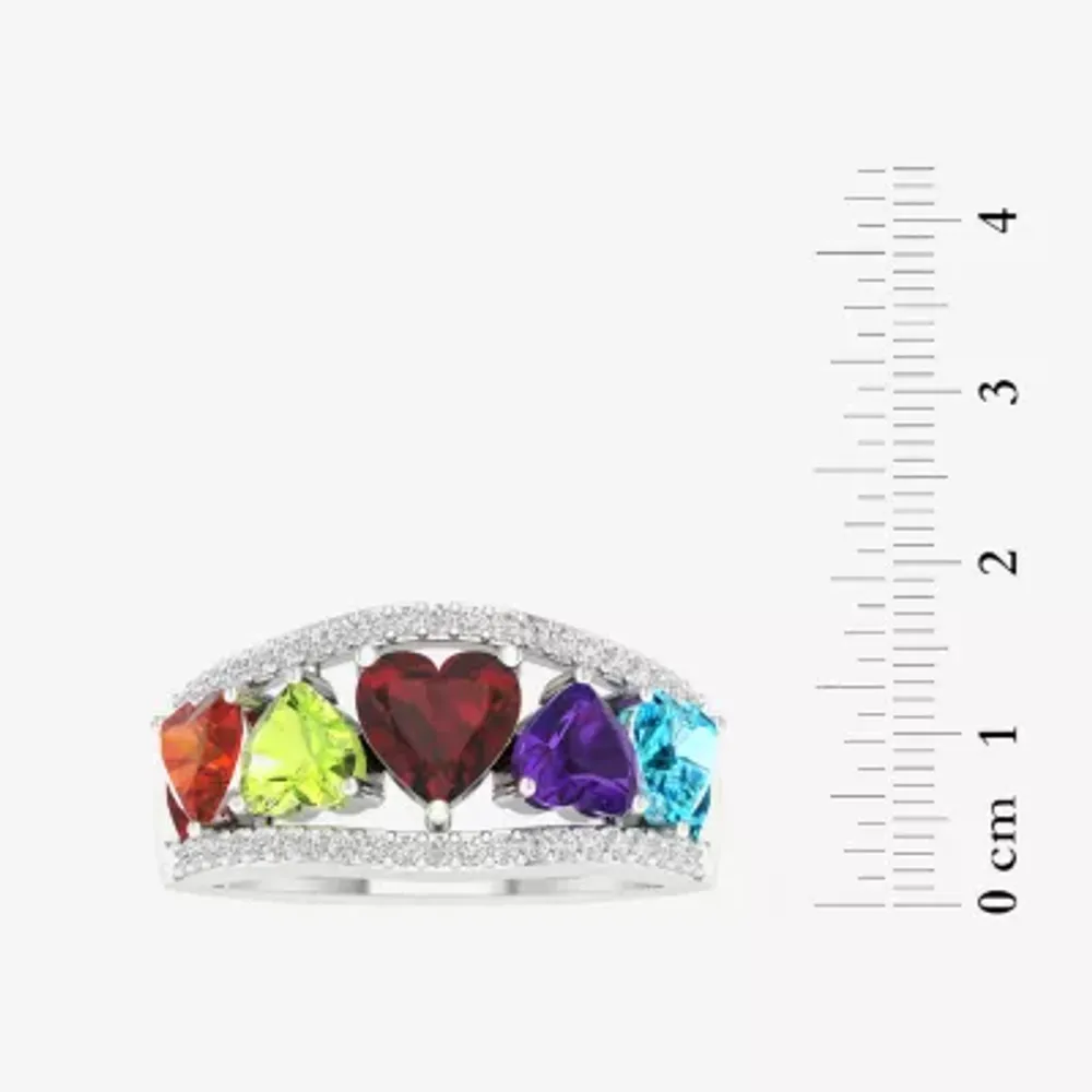 Womens Genuine Multi Color Stone Sterling Silver Heart Cocktail Ring