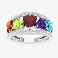 Womens Genuine Multi Color Stone Sterling Silver Heart Cocktail Ring