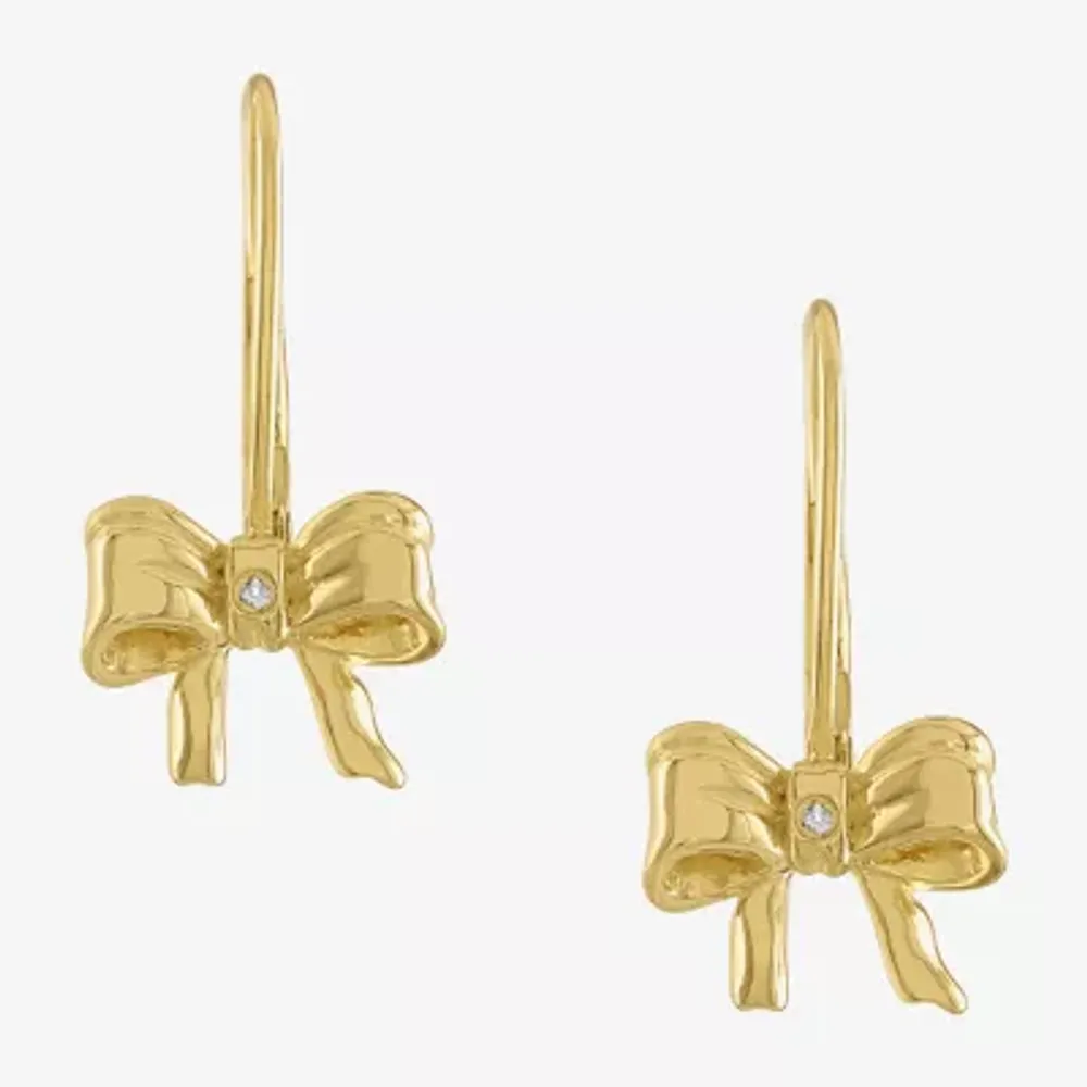 White Diamond 14K Gold Over Silver Bow Drop Earrings