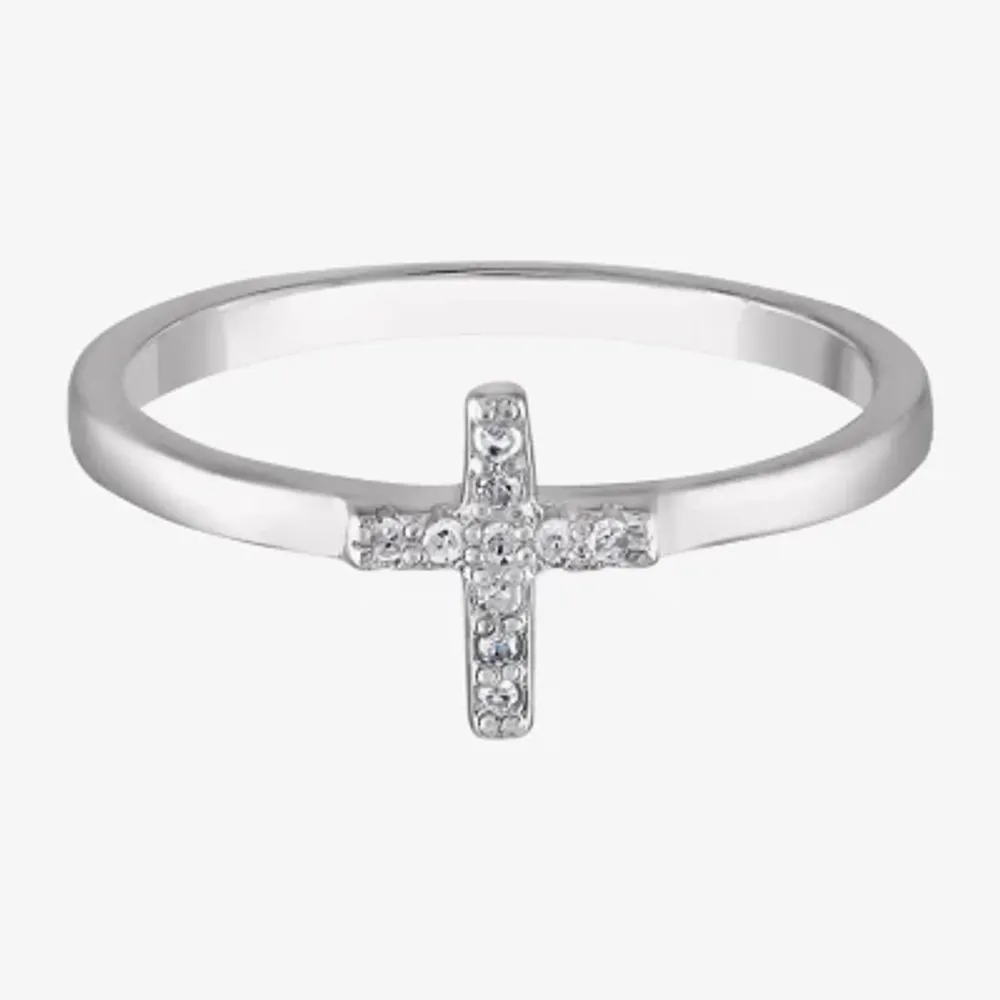 Girls White Diamond Sterling Silver Cross Delicate Cocktail Ring
