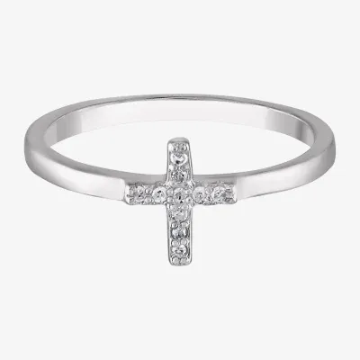 Girls White Diamond Sterling Silver Cross Delicate Cocktail Ring