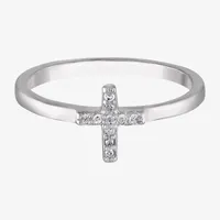 White Diamond Sterling Silver Cross Delicate Band