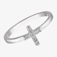 White Diamond Sterling Silver Cross Delicate Band