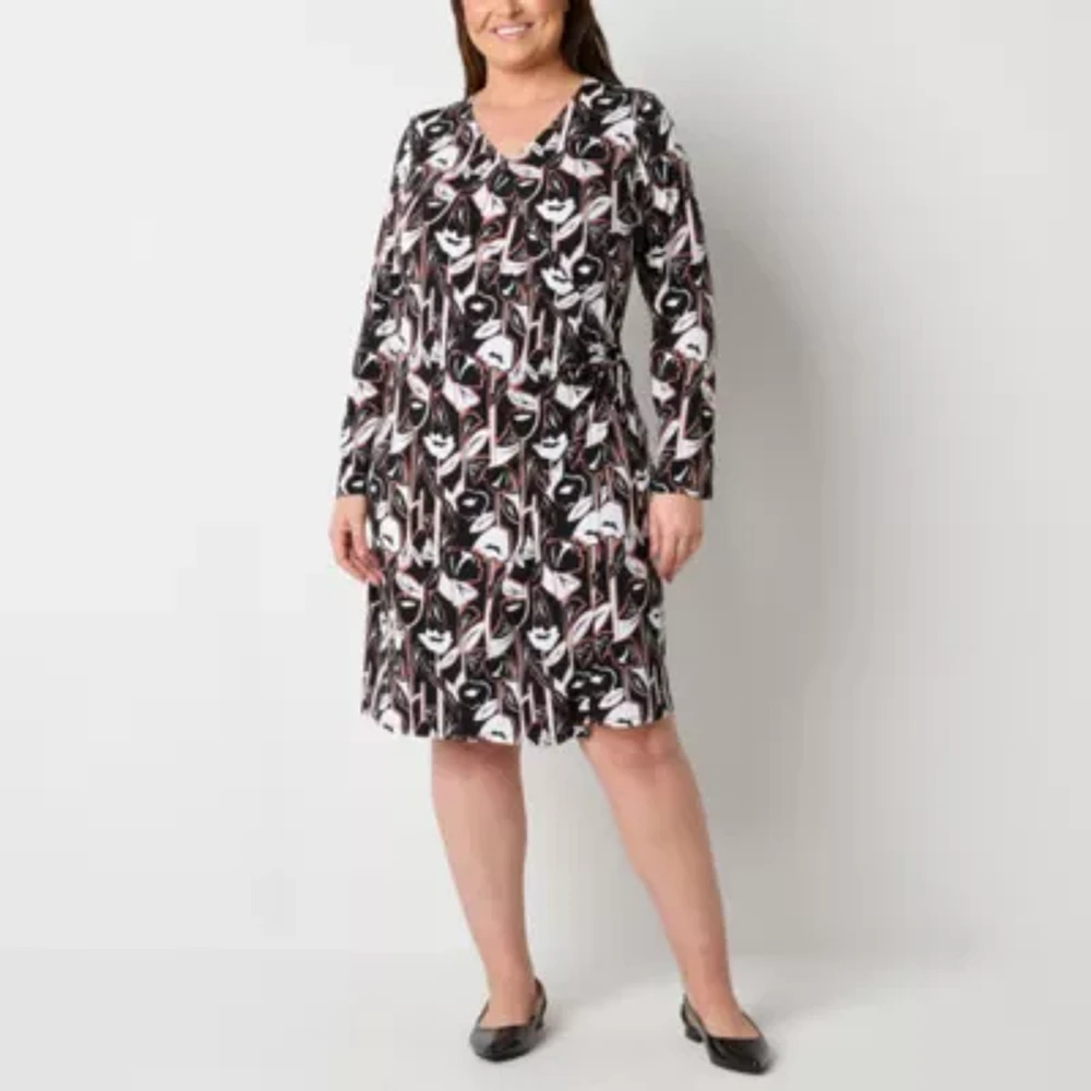 Liz Claiborne Womens Long Sleeve Floral Wrap Dress Plus