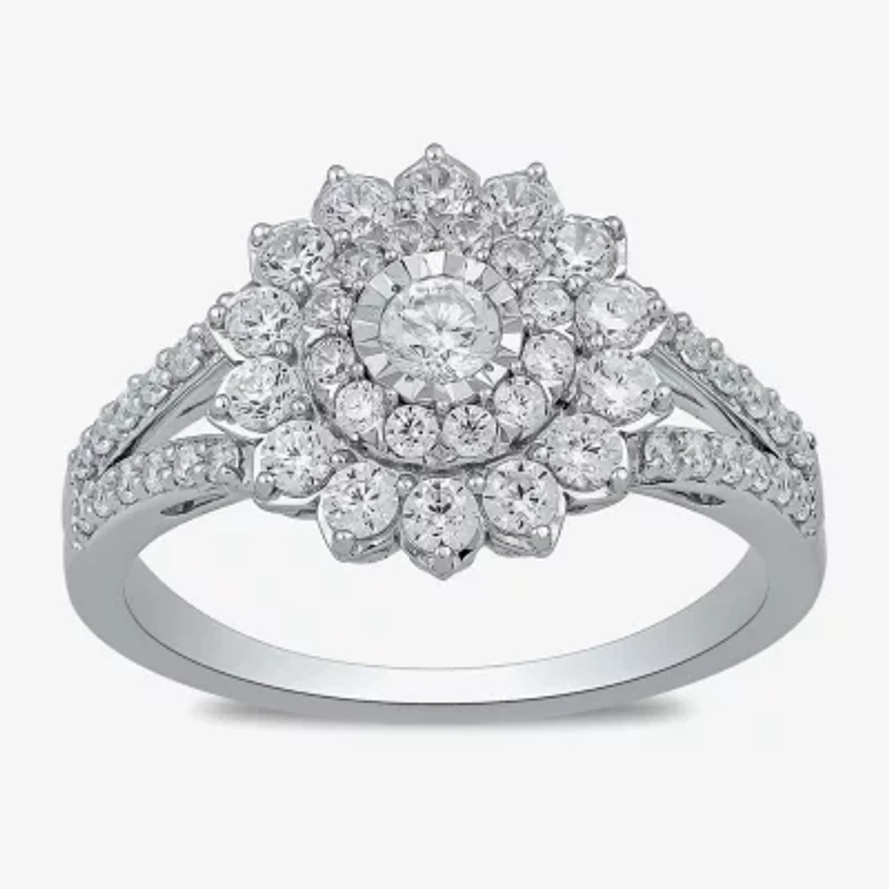 Womens 1 CT. T.W. Lab Grown White Diamond 10K Gold Side Stone Cocktail Ring
