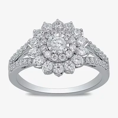 Womens 1 CT. T.W. Lab Grown White Diamond 10K Gold Side Stone Cocktail Ring