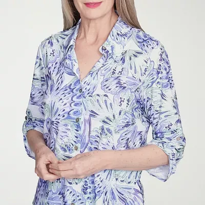 Alfred Dunner Santa Fe Womens 3/4 Sleeve Button-Down Shirt