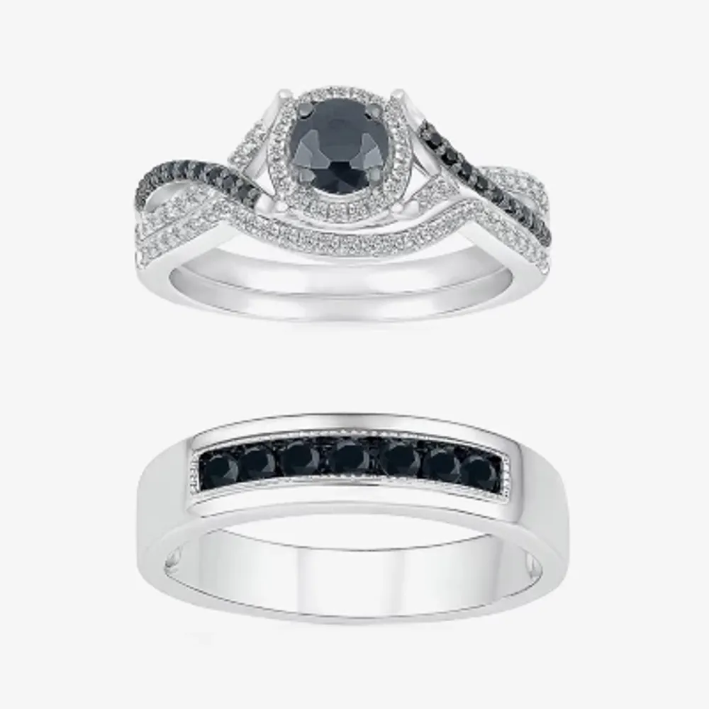 8.50mm Unisex Adult 1 CT. T.W. Natural Black Diamond 10K White Gold Round Halo Side Stone Ring Set