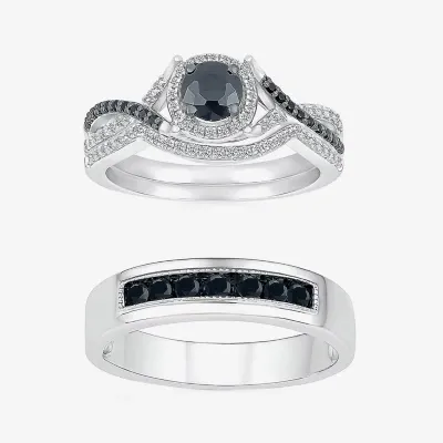 8.50mm Unisex Adult 1 CT. T.W. Natural Black Diamond 10K White Gold Round Halo Side Stone Ring Set