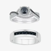 8.50mm Unisex Adult 1 CT. T.W. Natural Black Diamond 10K White Gold Round Halo Side Stone Ring Sets