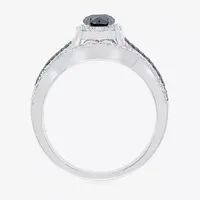 8.50mm Unisex Adult 1 CT. T.W. Natural Black Diamond 10K White Gold Round Halo Side Stone Ring Sets