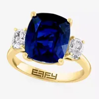 Effy Womens Lab Created Blue Sapphire & 1/5 CT. T.W. Grown Diamond 14K Gold Cushion Cocktail Ring