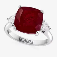 Effy  Womens Lab Created Red Ruby and 1/5 CT.T.W Grown Diamond 14K White Gold Cushion Cocktail Ring