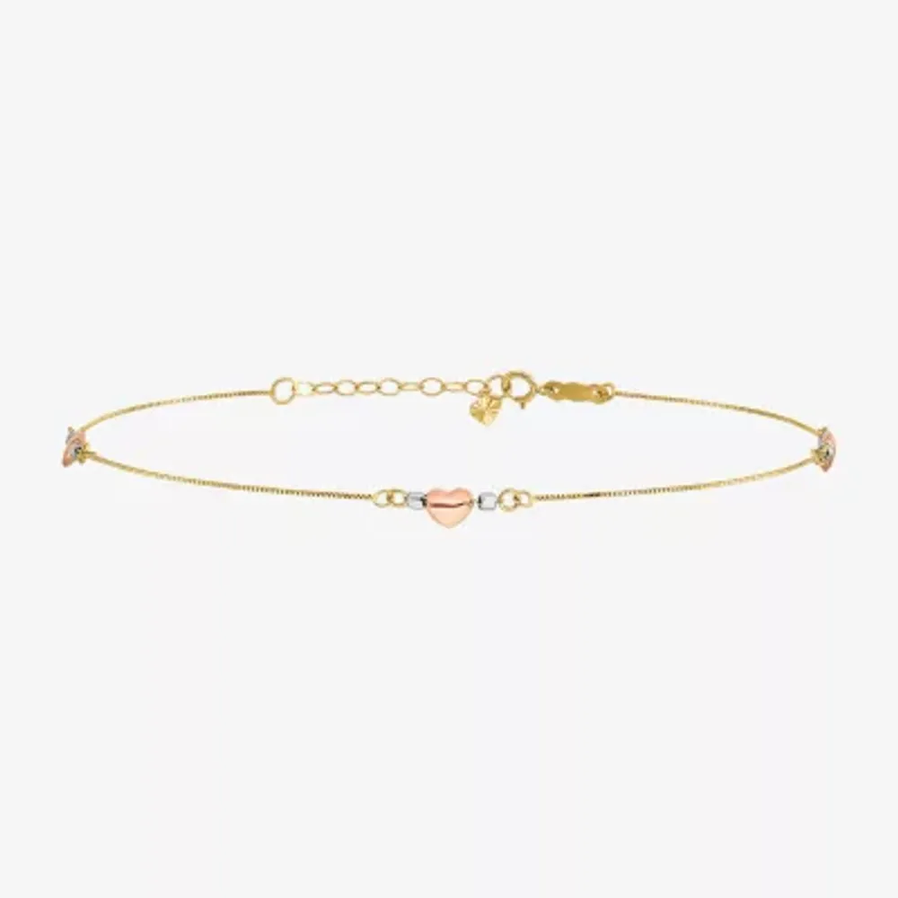 14K Tri-Color Gold 9 Inch Solid Box Heart Ankle Bracelet