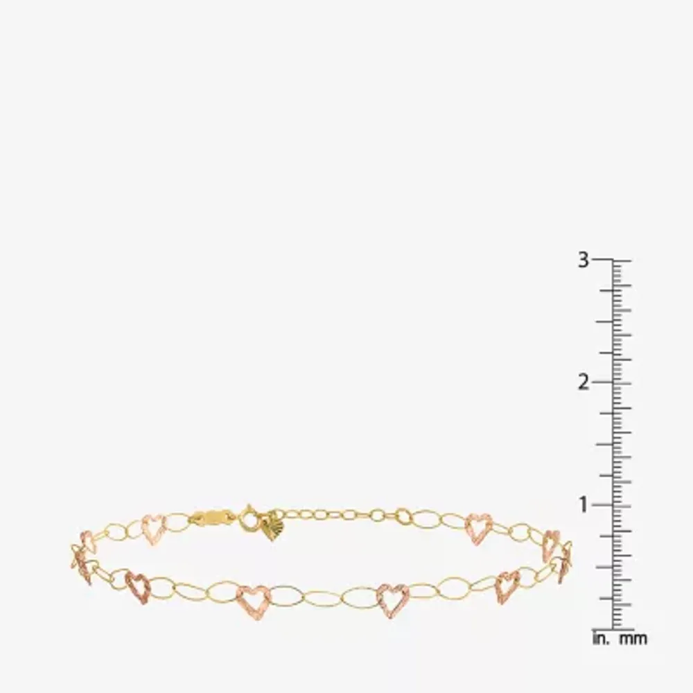 14K Two Tone Gold 9 Inch Hollow Link Heart Ankle Bracelet