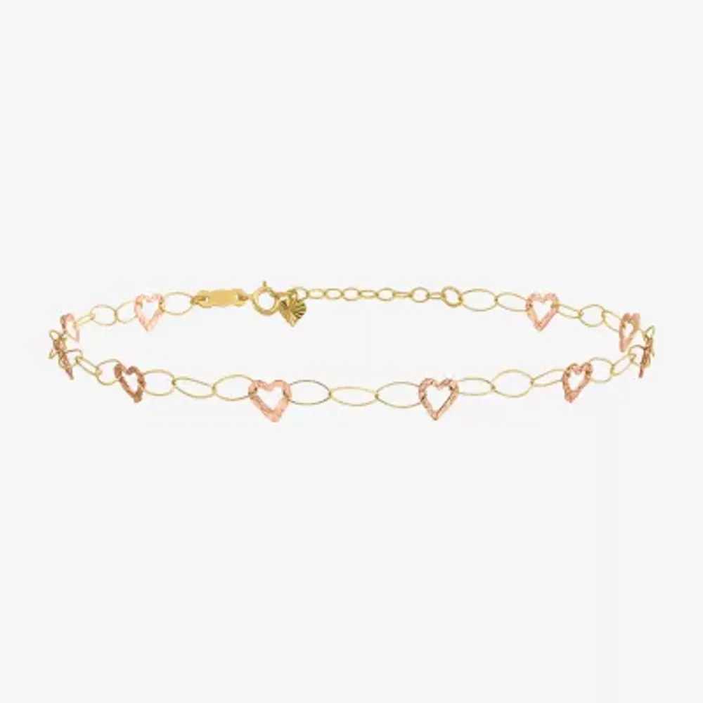 14K Two Tone Gold 9 Inch Hollow Link Heart Ankle Bracelet
