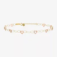 14K Two Tone Gold 9 Inch Hollow Link Heart Ankle Bracelet