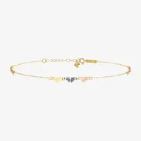 14K Tri-Color Gold 9 Inch Solid Link Heart Ankle Bracelet