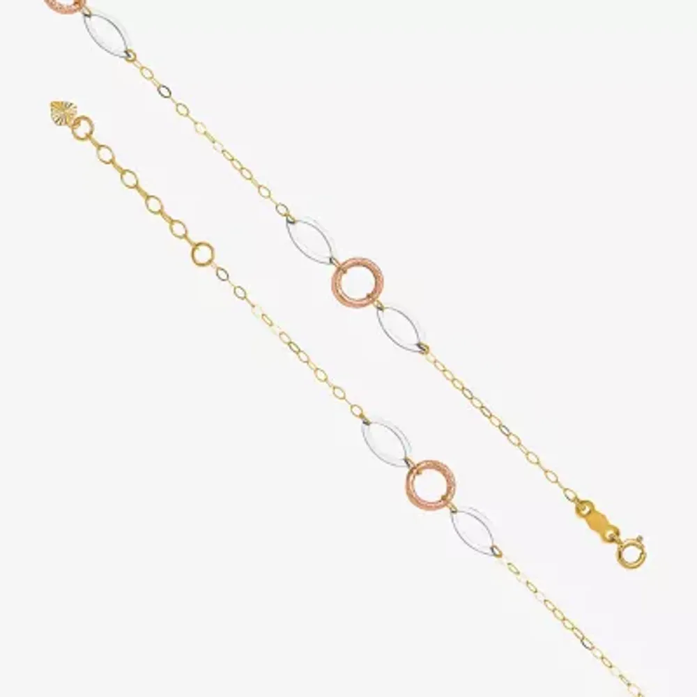 14K Tri-Color Gold 10 Inch Solid Link Oval Ankle Bracelet