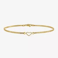 14K Gold 9 Inch Solid Link Heart Ankle Bracelet