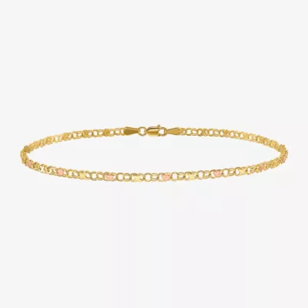 Womens 14K Two Tone Gold 10 Inch Solid Link Heart Ankle Bracelet