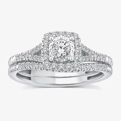 (G / Si1-Si2) Womens 1/2 CT. T.W. Lab Grown White Diamond 10K Gold Cushion Side Stone Halo Bridal Set