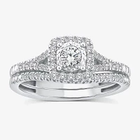 (G / Si1-Si2) Womens 1/2 CT. T.W. Lab Grown White Diamond 10K Gold Cushion Side Stone Halo Bridal Set