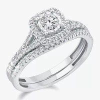 (G / Si1-Si2) Womens 1/2 CT. T.W. Lab Grown White Diamond 10K Gold Cushion Side Stone Halo Bridal Set