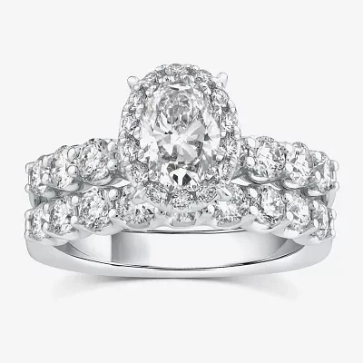 Signature By Modern Bride (G / Si1-Si2) Womens 3 CT. T.W. Lab Grown White Diamond 10K Gold Oval Side Stone Halo Bridal Set