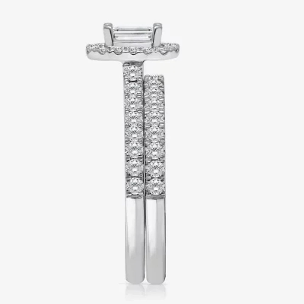 (I / I1) Womens 1 CT. T.W. Lab Grown White Diamond 10K Gold Side Stone Halo Engagement Ring