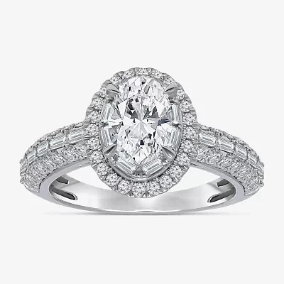 (I / I1) Womens 2 CT. T.W. Lab Grown White Diamond 10K Gold Oval Side Stone Halo Engagement Ring