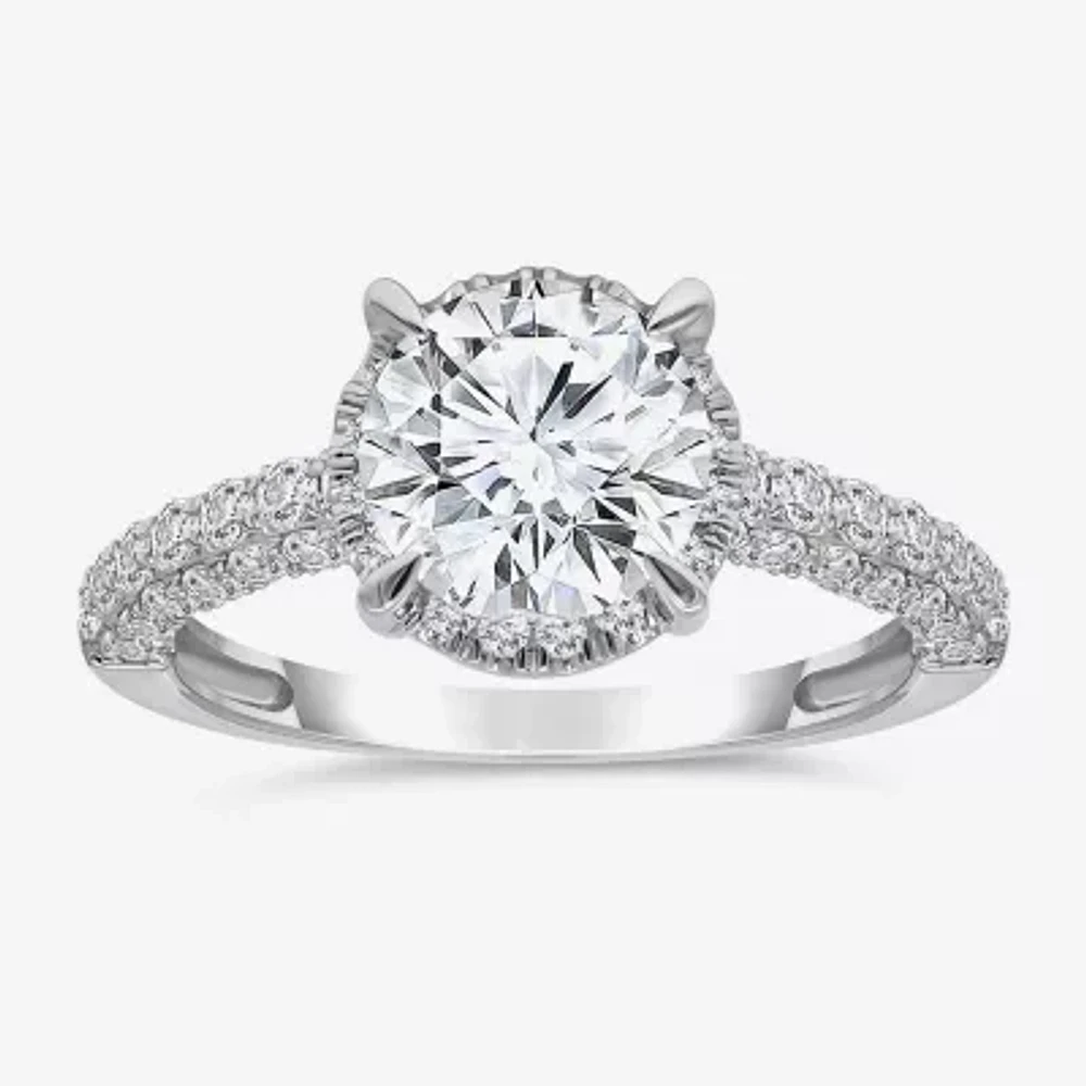 (I / I1) Womens 3 CT. T.W. Lab Grown White Diamond 10K Gold Round Side Stone Halo Engagement Ring