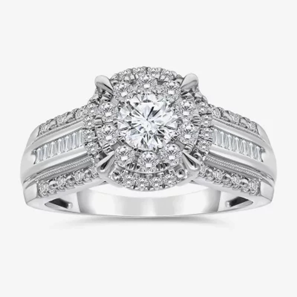 (I / I1) Womens 1 CT. T.W. Lab Grown White Diamond 10K Gold Round Side Stone Halo Engagement Ring