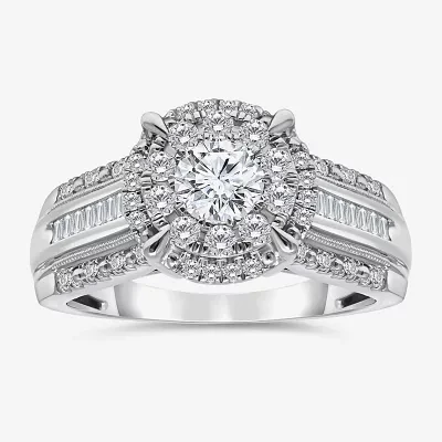 (I / I1) Womens 1 CT. T.W. Lab Grown White Diamond 10K Gold Round Side Stone Halo Engagement Ring