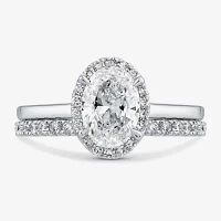 (G / Si1-Si2) Womens 1 1/2 CT. T.W. Lab Grown White Diamond 10K Gold Oval Side Stone Halo Bridal Set