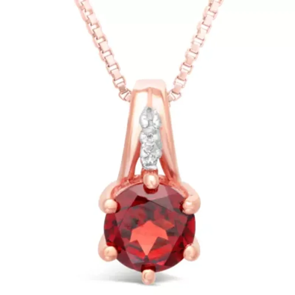 Womens Diamond Accent Genuine Red Garnet 10K Gold Round Pendant Necklace