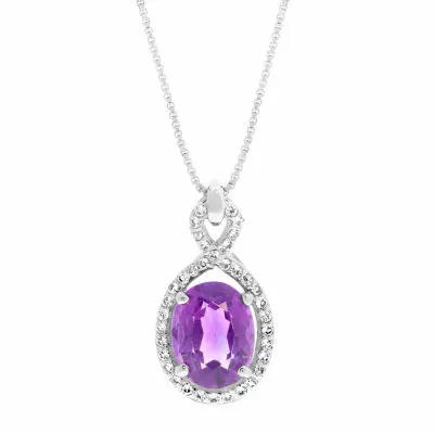 Womens Genuine Purple Amethyst Sterling Silver Oval Pendant Necklaces
