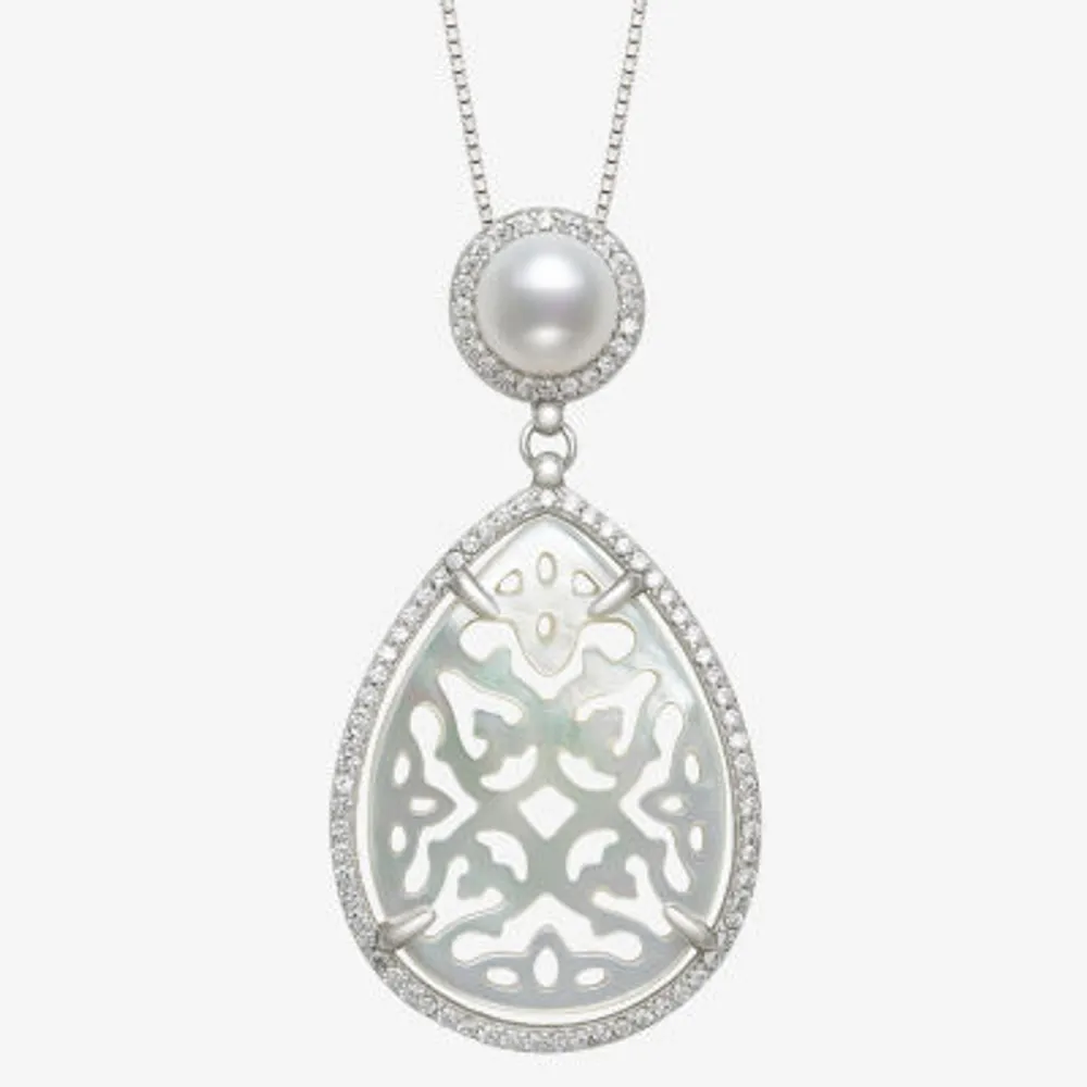 Womens Genuine White Mother Of Pearl Cultured Freshwater Pearl Sterling Silver Pendant Necklace