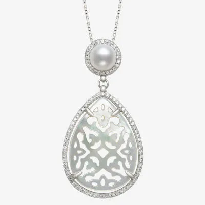 Womens Genuine White Mother Of Pearl Cultured Freshwater Pearl Sterling Silver Pendant Necklace