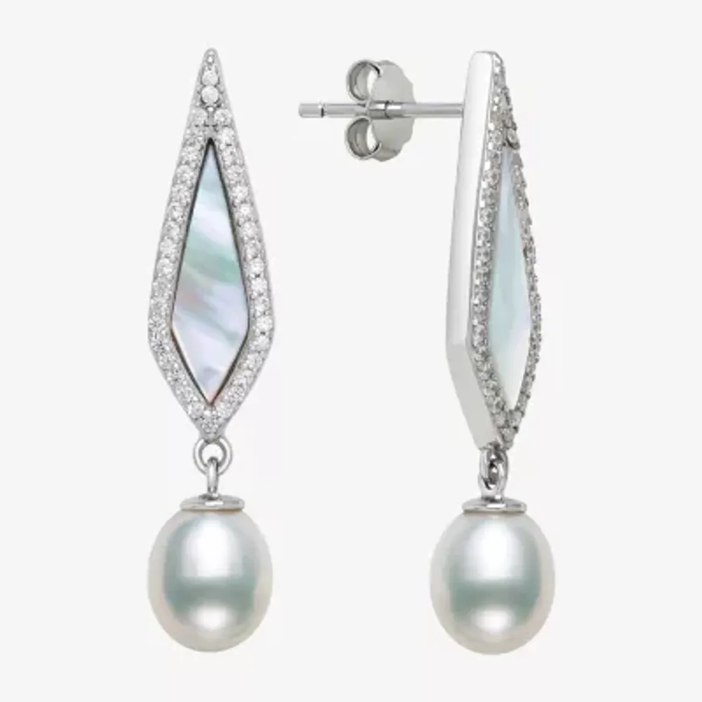 Genuine White Mother Of Pearl Cultured Freshwater Pearl Sterling Silver Drop Earrings