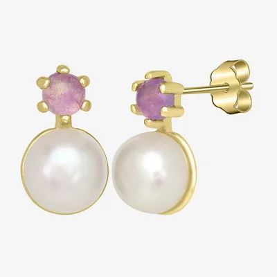 Silver Treasures Simulated Pearl 14K Gold Over 10.5mm Round Stud Earrings