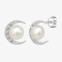 Silver Treasures Simulated Pearl Sterling Silver 10mm Moon Stud Earrings