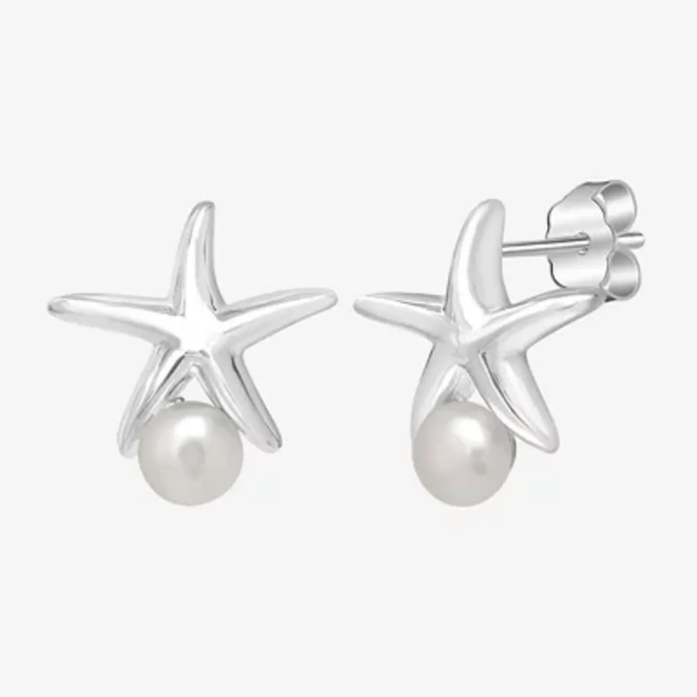 Silver Treasures Simulated Pearl Sterling Silver 13.9mm Star Stud Earrings