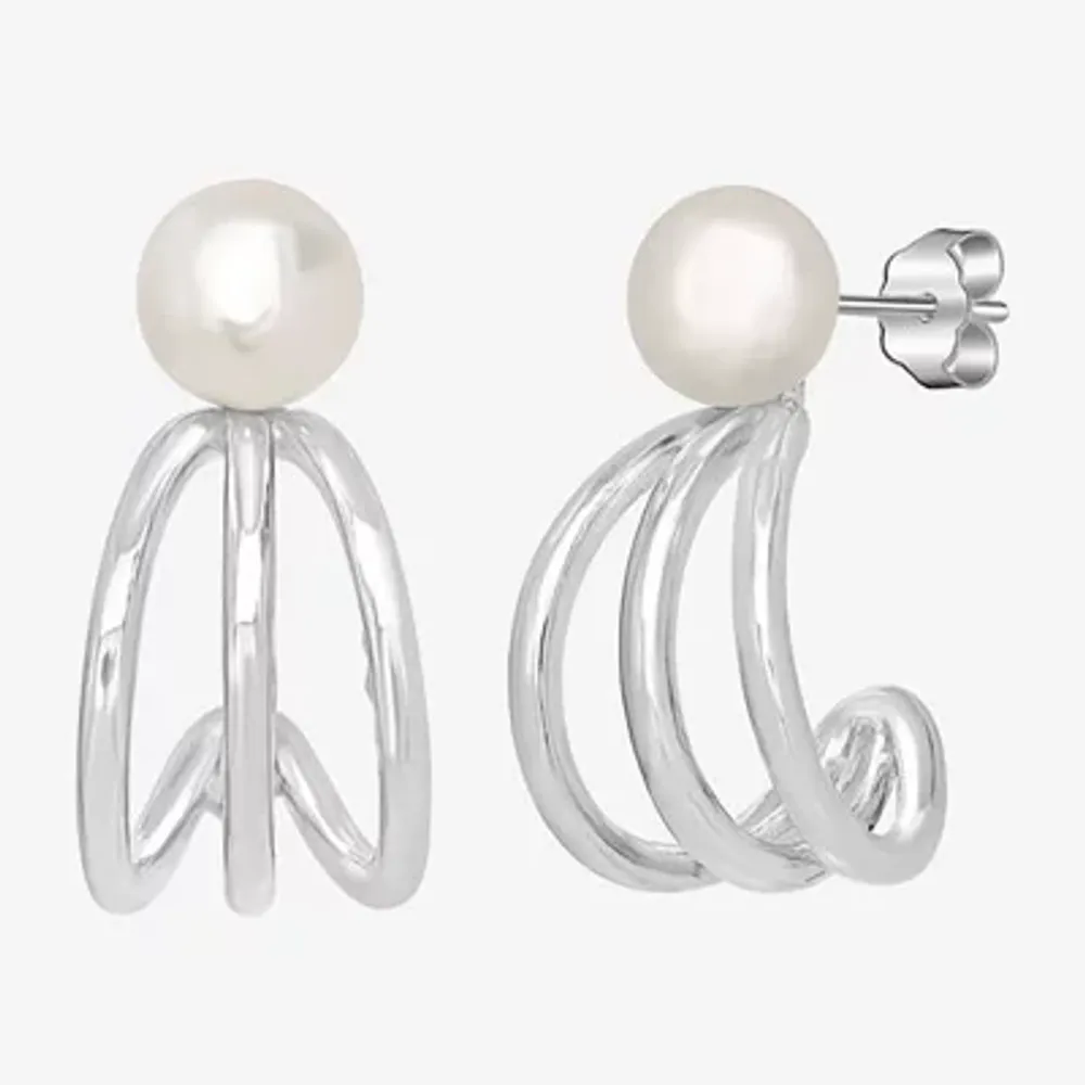 Silver Treasures Simulated Pearl Sterling Silver Hoop Earrings