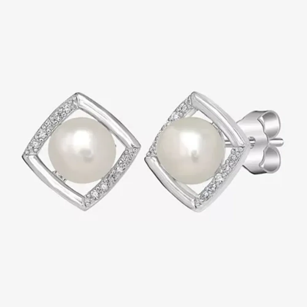 Silver Treasures Simulated Pearl Sterling Silver 10mm Square Stud Earrings