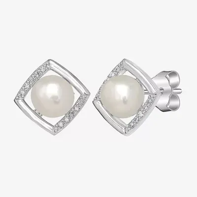 Silver Treasures Simulated Pearl Sterling Silver 10mm Square Stud Earrings