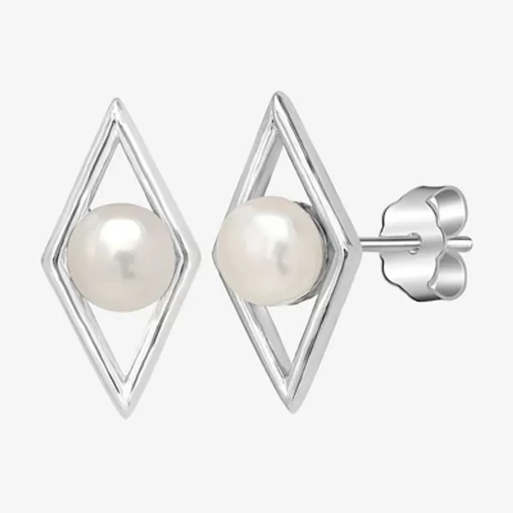 Silver Treasures Simulated Pearl Sterling Silver 13mm Diamond Stud Earrings