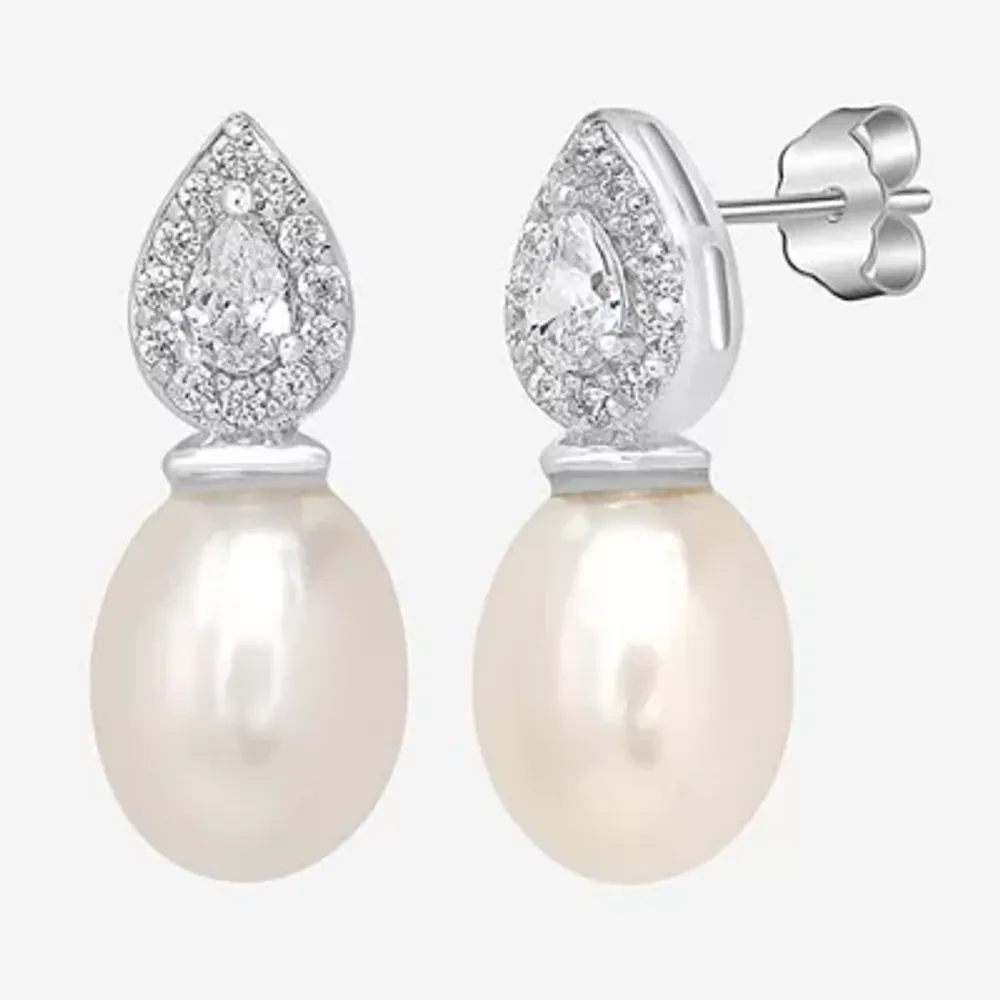 Silver Treasures Simulated Pearl Sterling Silver 14.7mm Pear Stud Earrings