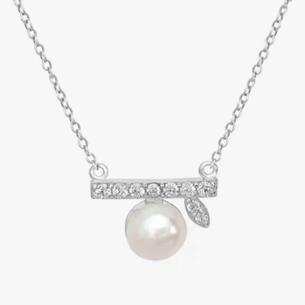 Silver Treasures Simulated Pearl Sterling Silver 18 Inch Cable Bar Pendant Necklace